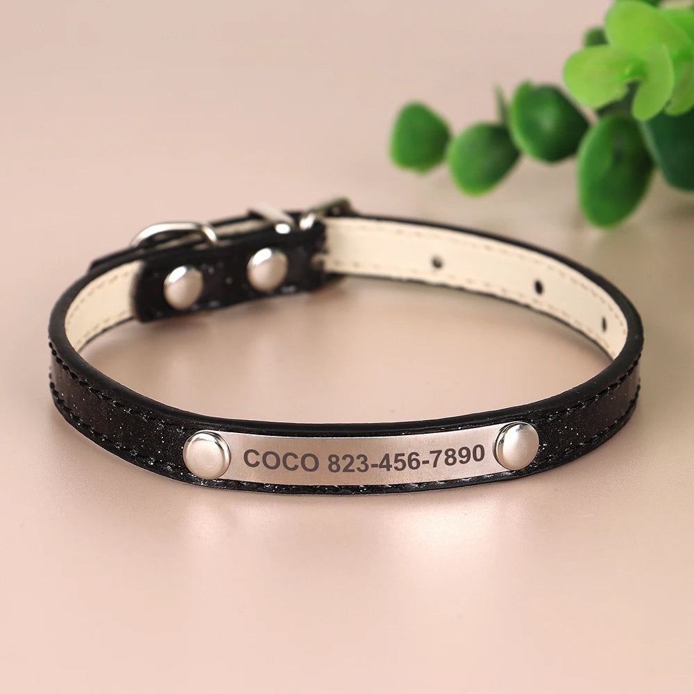 Personalized Cat Collar Custom Leather Cat Collars Free Engraved Puppy Kitten ID Necklace Bling Pet Collars for Small Dogs Cats Pi-Mart