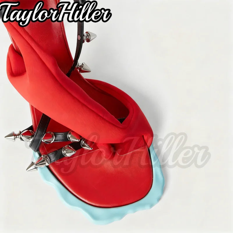 Punk Style Rivets Flower Heeled Sandals Open Toe Mixed Color High Heels Women Luxury Designer Summer Spike Heel Shoes Y2K Shoe LadyShow.Store