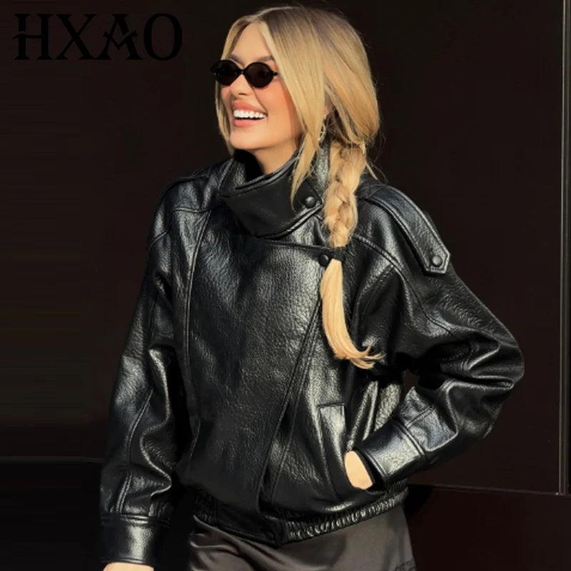 HXAO New Arrival Women's Bomber Jacket Leather Black Jackets Cropped Oversize Outerwears Zip-Up Long Sleeve Coats Outdoor Jacket Pi-Mart