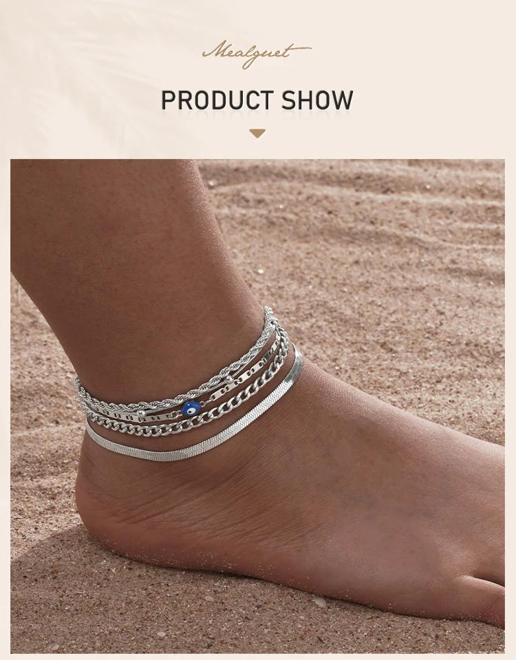 Silver Color Anklet Bracelets for Women Waterproof, Stainless Steel Layered Cuban Chain Herringbone Anklets Summer Beach Gift Pi-Mart