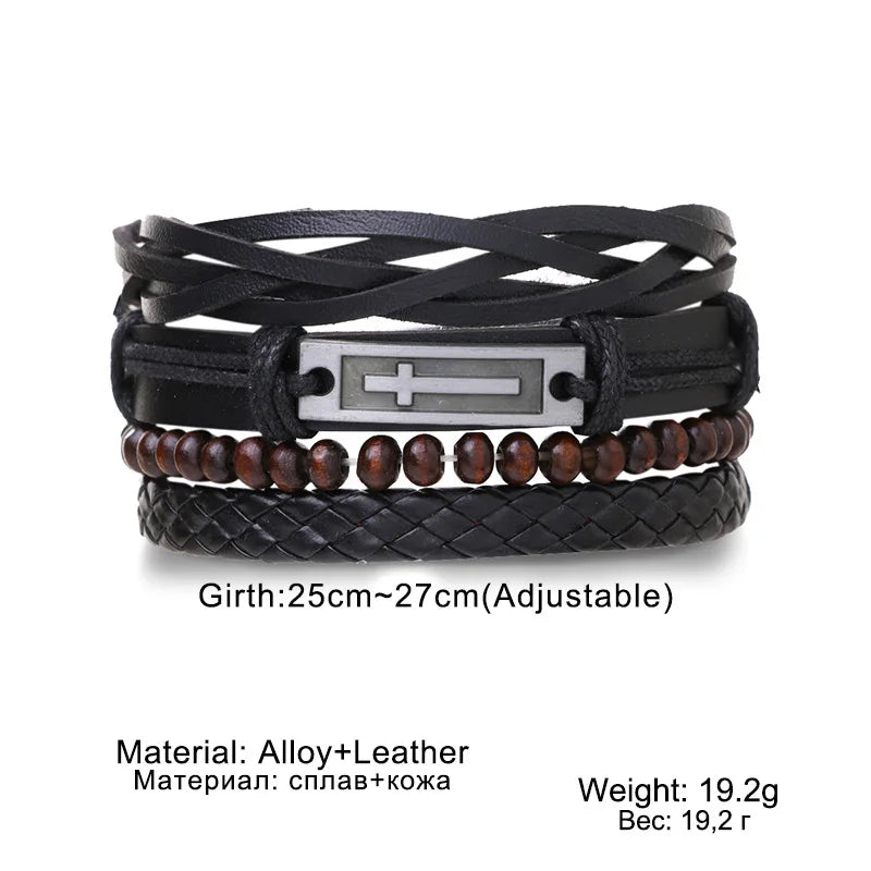 4Pcs/ Set Braided Wrap Leather Bracelets for Men Vintage Life Tree Rudder Charm Wood Beads Ethnic Tribal Wristband Rope Bracelet Pi-Mart