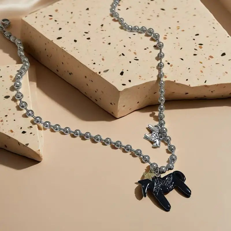 LATS White Black Green Blue Pink Color Enamel Colt Horse Pendant Necklaces for Women Silver Plated Alloy Beads Chain Chokers Pi-Mart