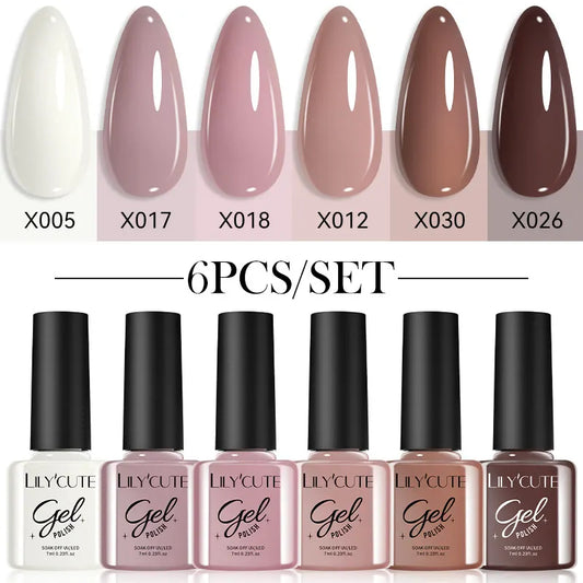 LILYCUTE 6Pcs/set 7ml Coffee Series Gel Nail Polish Kit 125 Colors Manicure Semi Permanent Soak Off UV Nail Art Gel Varnish Tri Light Beauty