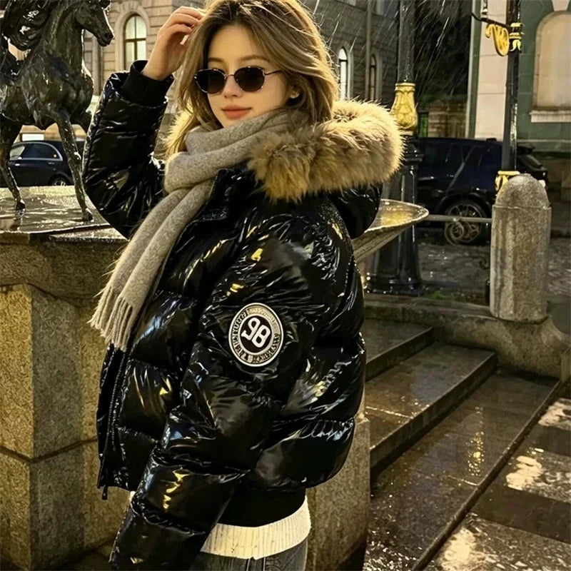 Russian Winter Warm Faux Fur Hooded Quilted Puffer Jacket Women Y2K Retro Padded Short Coat Casual Parka Glossy Outerwear куртка LadyShow.Store