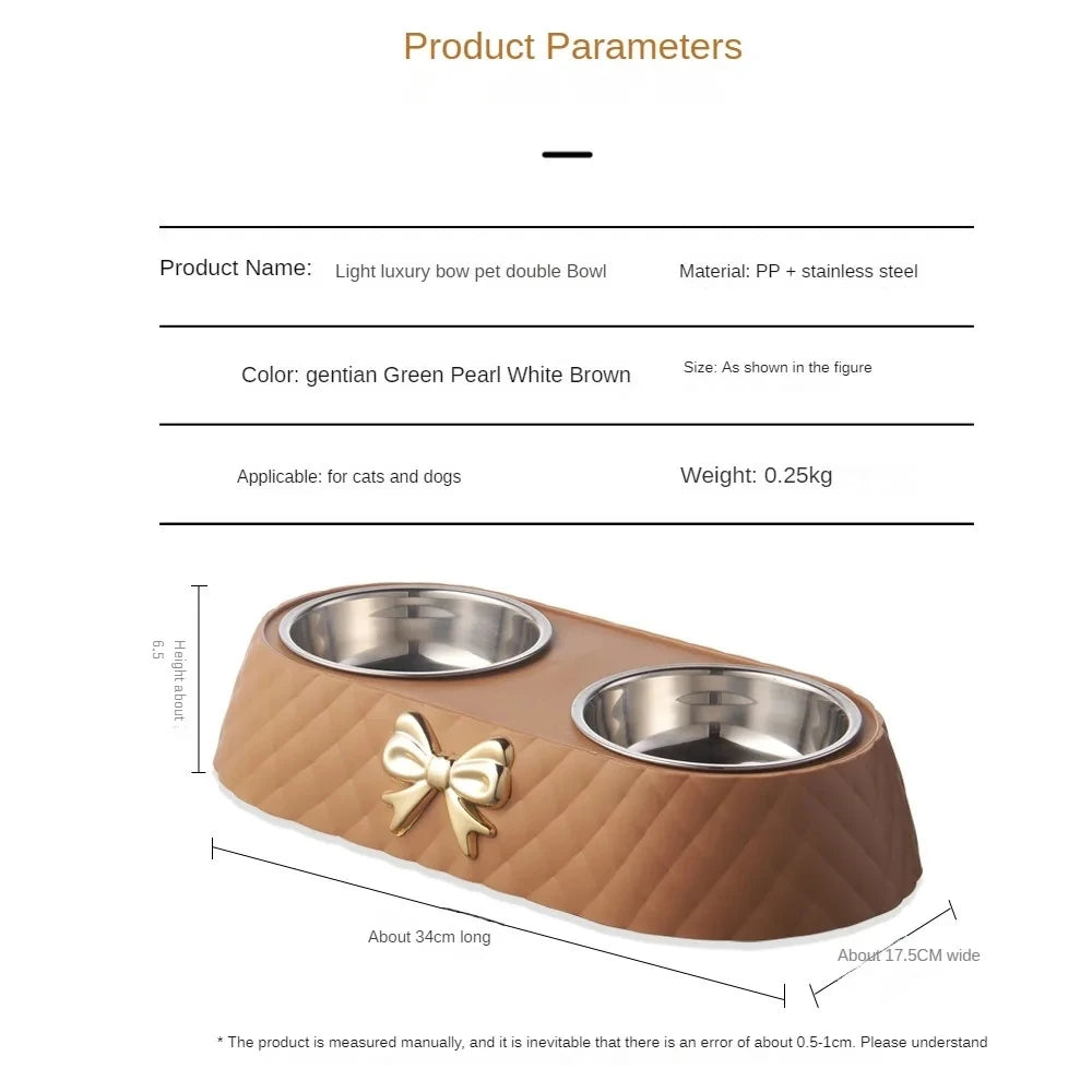 Pet Supplies Bow-tie Bowknot Cats Food Bowl PP Base Dog Bowl Stainless Steel Double Pet Accessories Feeding Drinking Double Bowl Pi-Mart