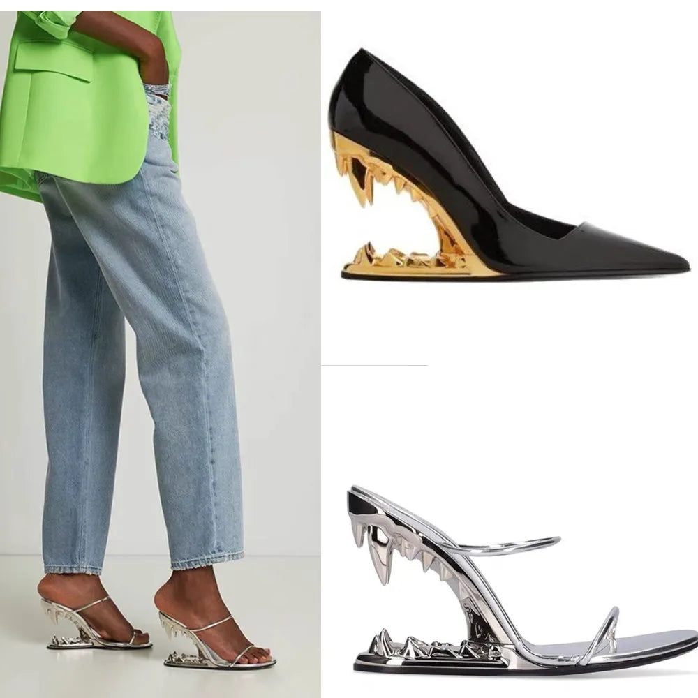 2026 Summer New Metal Tiger Teeth Single Shoes, High Heels, Fashion Show, Women's Wear, Size 44 Women's Sandals LadyShow.Store