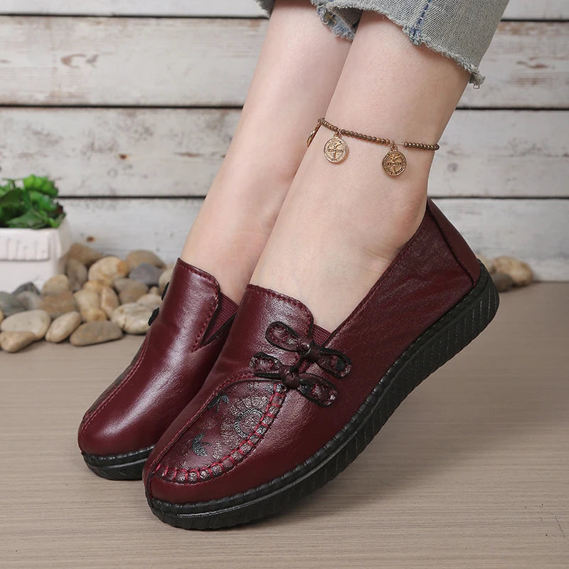 Women's Leather Flat Shoes, Spring and Autumn Women's Loafers, Single Classic Mom Shoes, Anti-Slip Comfortable and Free Shipping Pi-Mart