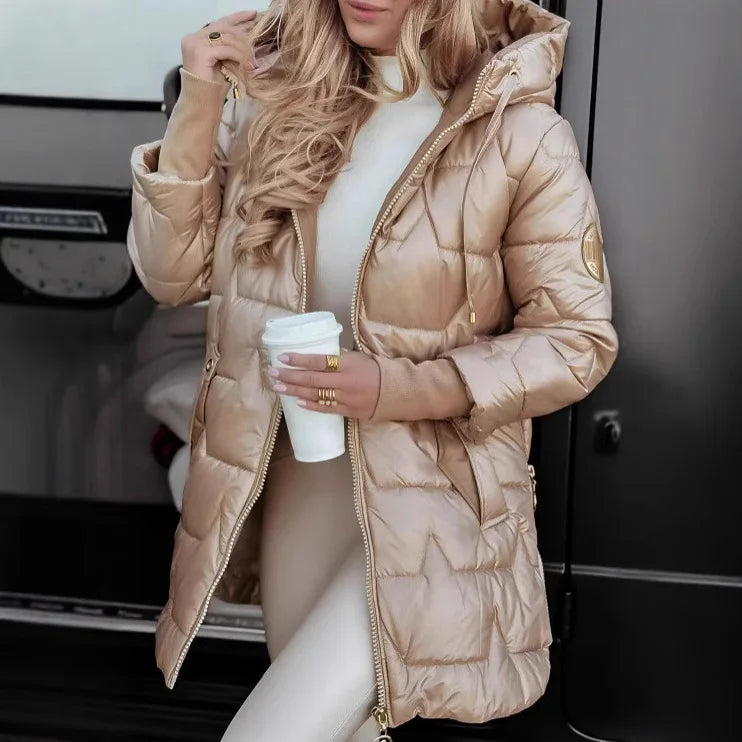 Parkas Coat Women Cotton Padded Jacket Hooded Outerwear Winter Thick Warm Pockets Zipper Puffer Windproof Mid Length Overcoat LadyShow.Store