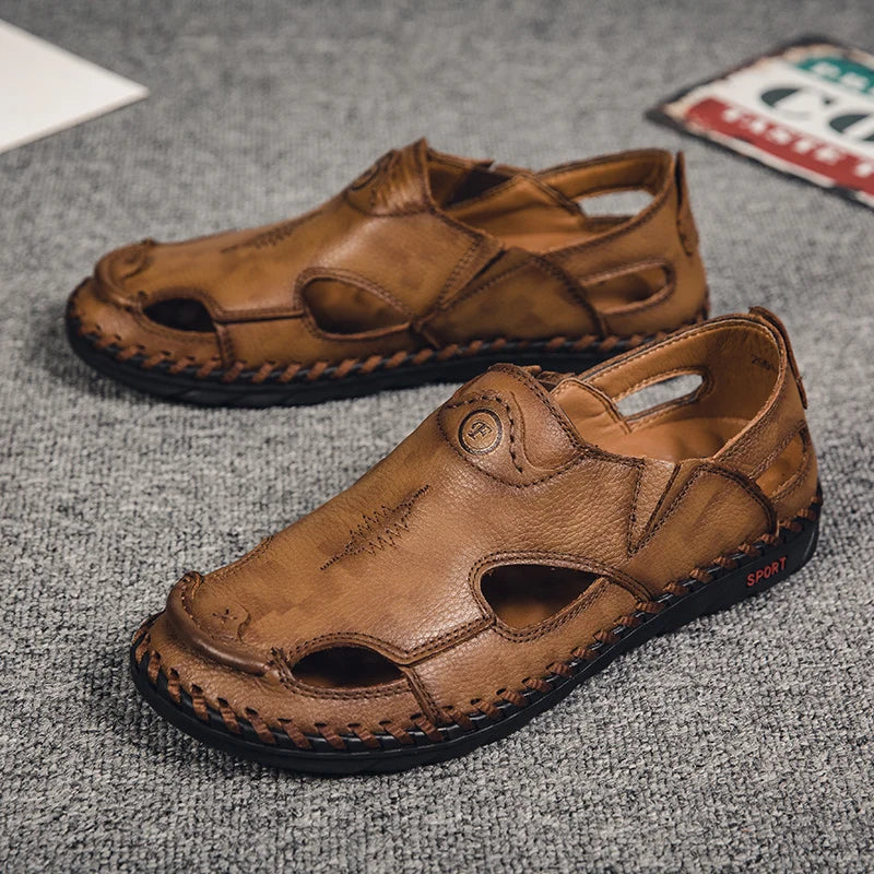 Summer Men Sandals Genuine Leather Mens Casual Shoes Outdoor Men Leather Sandals for Men Beach Shoes Roman mens Shoes Pi-Mart