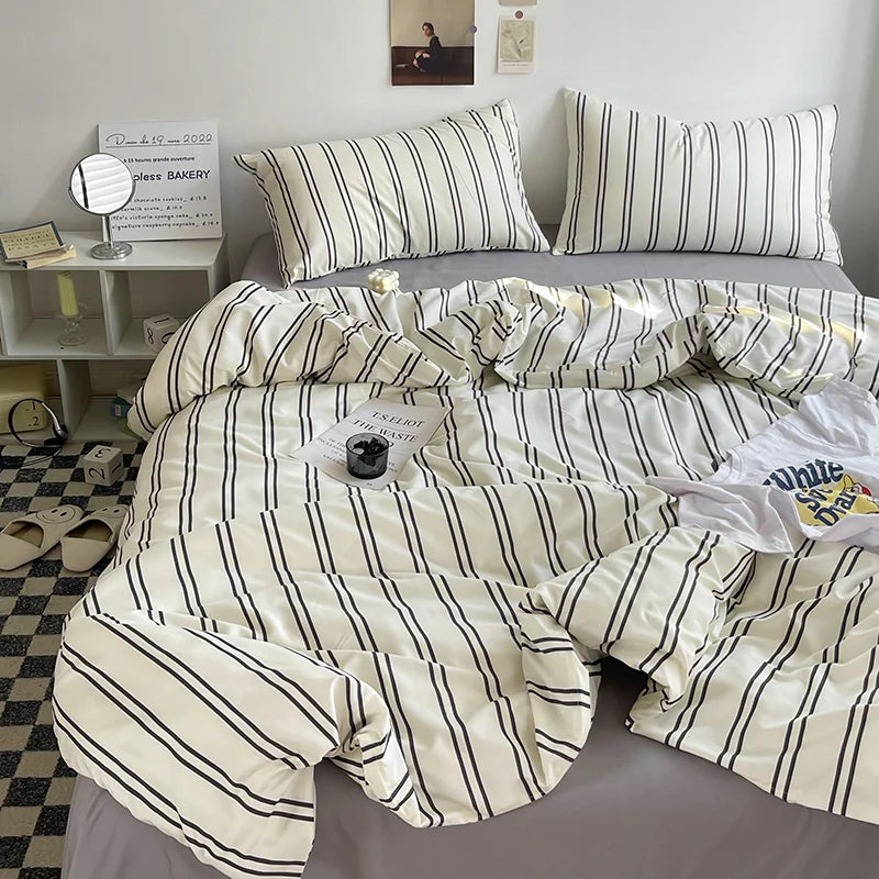 Stripe Bedding Comforter Set with Pillowcase bed sheet Single Full Size Bed Linen Duvet Cover Set Queen/King Double Single Bed LadyShow.Store