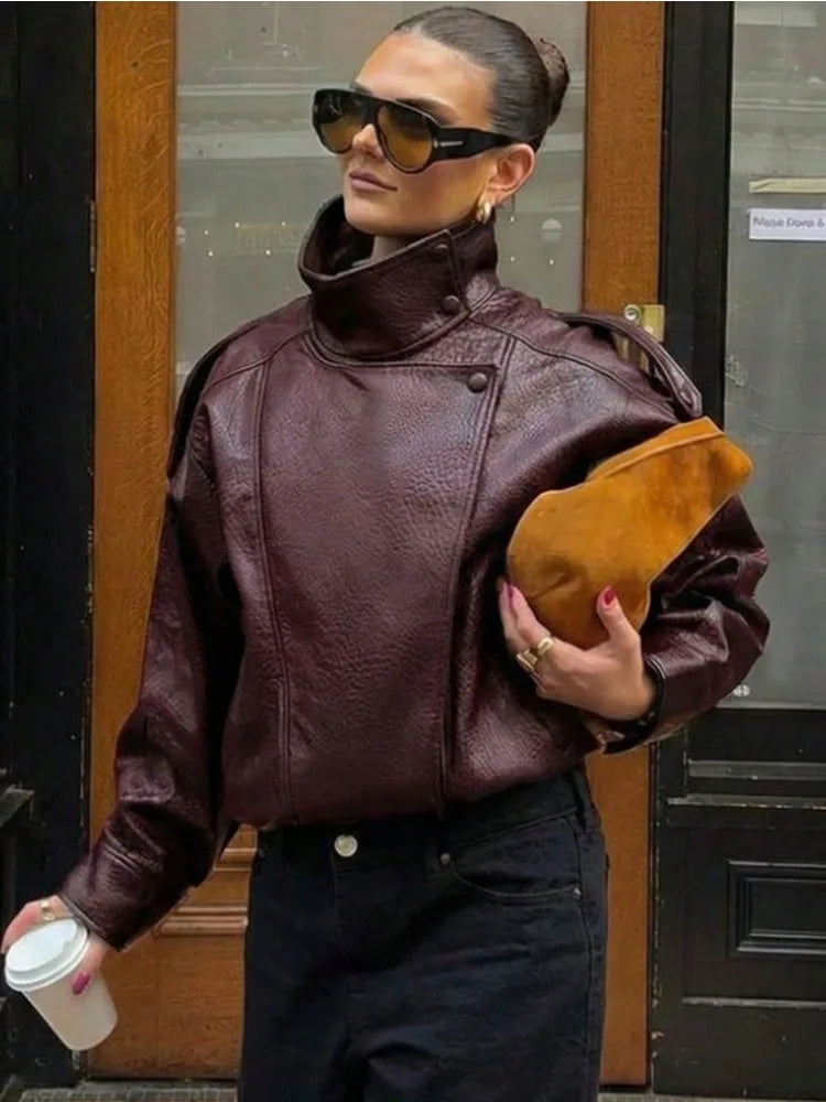 Fake leather Coat Women Y2k Faux Leather Jacket New Casual PU Jacket Motorcycle Style Leather Jacket Pebble Fall Personality LadyShow.Store