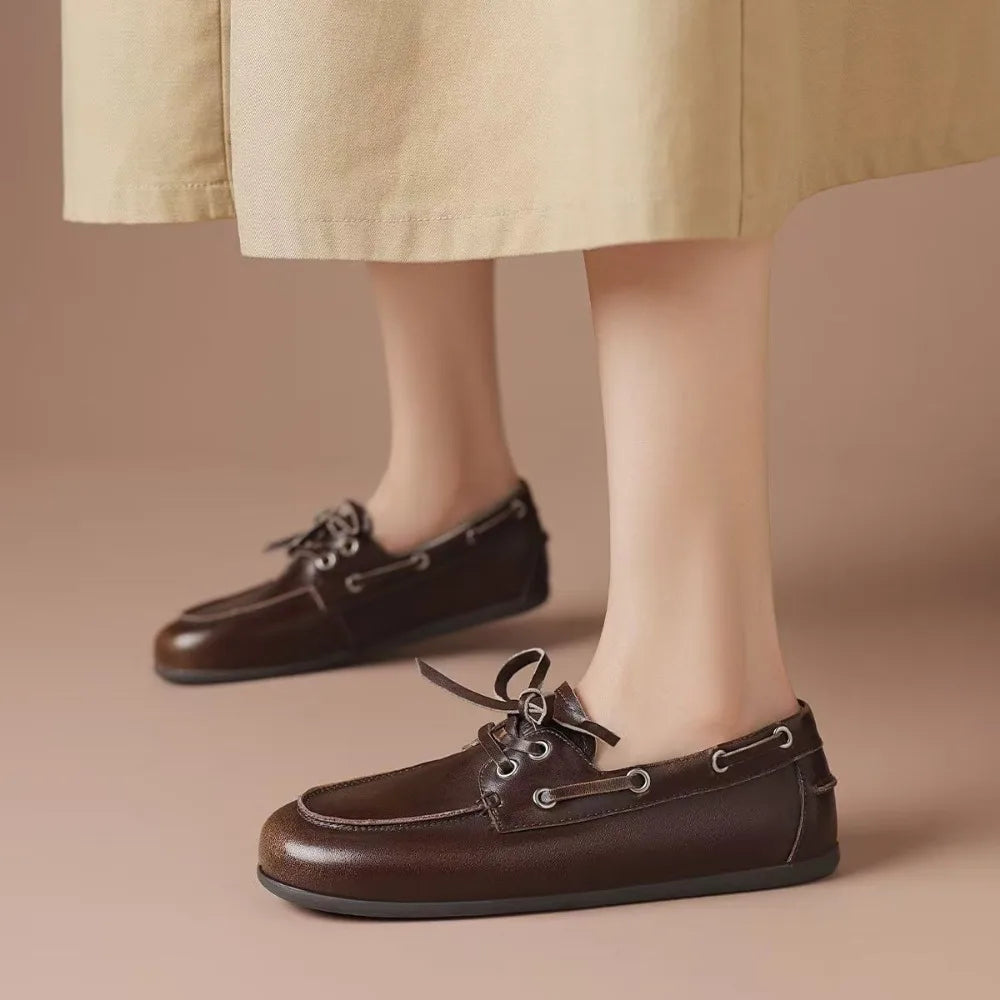 Leather Shoes for Women 2026 Spring and Autumn Sheepskin Worn Dirty Tied Soft Soled Loafer Shoes Retro One Foot Women's Shoe Pi-Mart