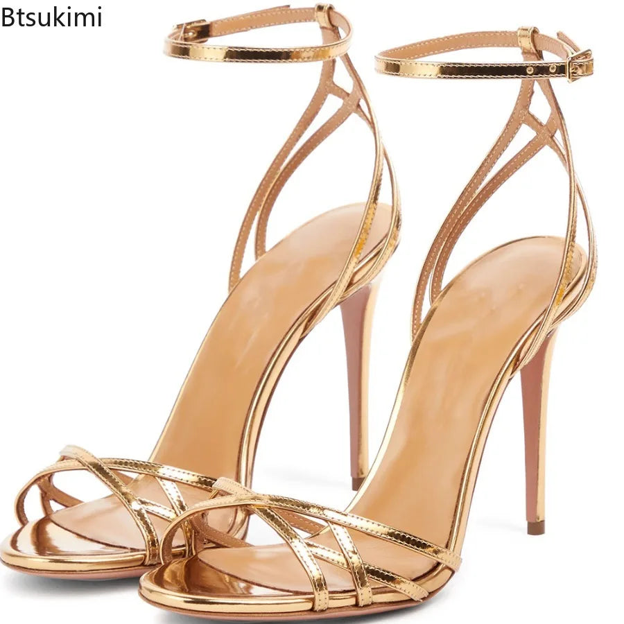 New 2026 Summer Women's Patent Leather Sandals Round Toe Open-toe Stiletto Sexy Ladies Sandals Thin High-heeled Banquet Dress Pi-Mart
