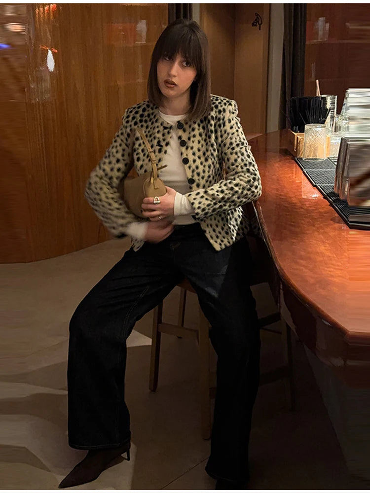 Retro Leopard Faux Fur Short Coat Lady Chic O-neck Single Button Placket Spotted Dot Cropped Long Sleeve Outerwear Street Jacket Pi-Mart