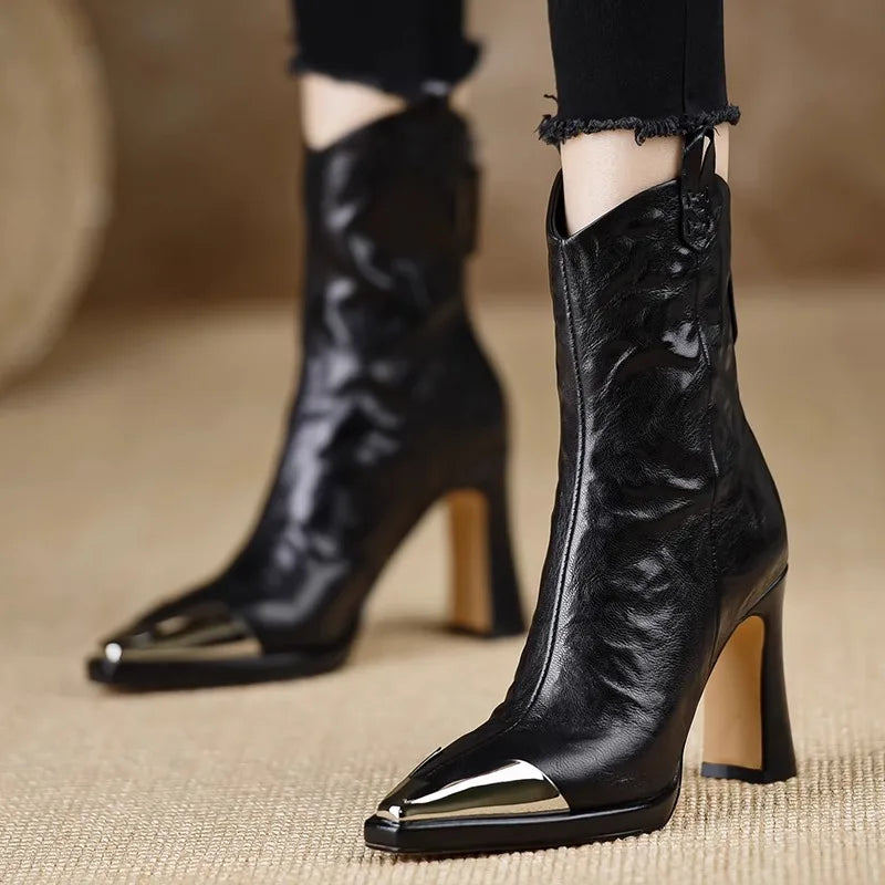 2024 New Metal Square Toe Ankle Boots for Women Fashion Patent Leather Women's Shoes Botas Mujer High Heels Shoes Women Zapatos Pi-Mart