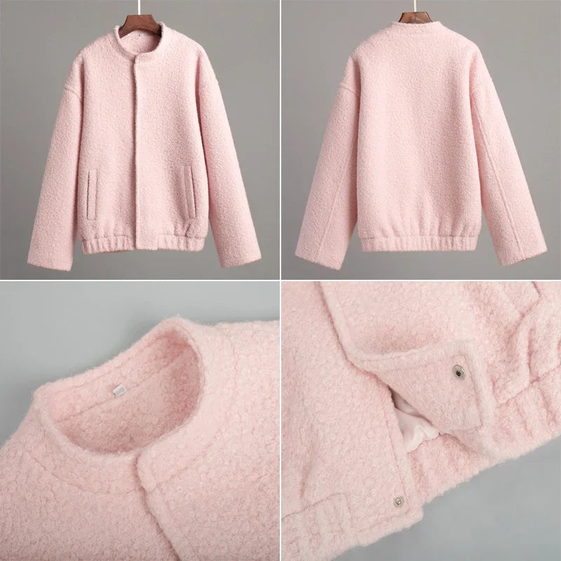 Talenza Women's Pink Short Fur Jacket Autumn Loose Fashion Long Sleeve Jacket Top Casual Stand Collar Pocket Button Warm Jacket LadyShow.Store