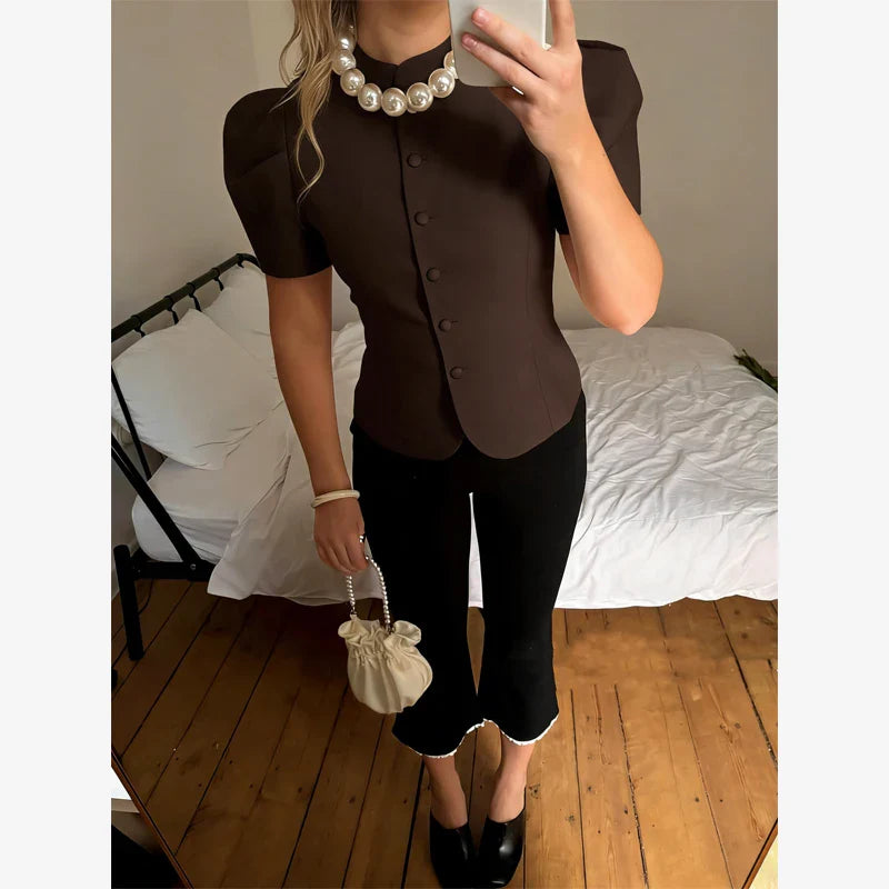 Satin Solid Round Neck Puffer Jacket Short Sleeve Slim Button Front 2026 Spring Retro Elegant Women Blouse Chic Office Lady Coat LadyShow.Store