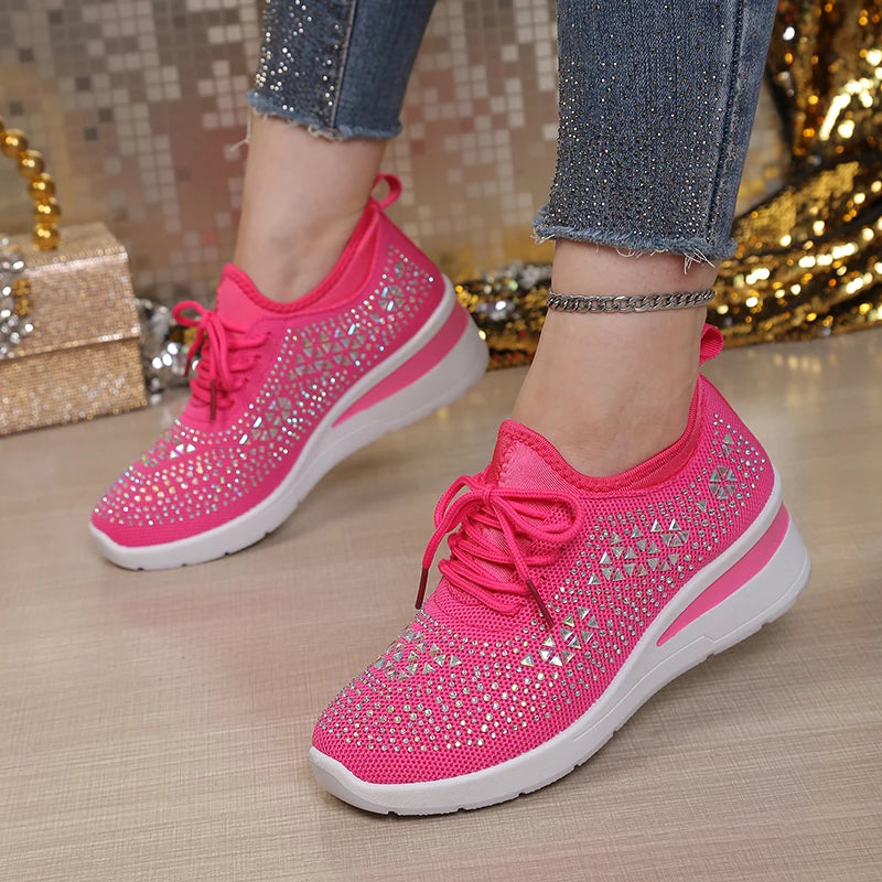 Women's Rhinestone Embellished Knit Mesh Wedge Sneakers, Adjustable Lace-Up Closure, Daily Walking Casual Footwear Pi-Mart