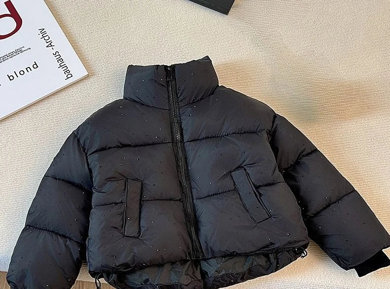 2025 Winter Girls Rhinestone Puffer Jacket Korean Star-Studded Fashion Coat Glitter Zip-Up Quilted Down Jacket LadyShow.Store
