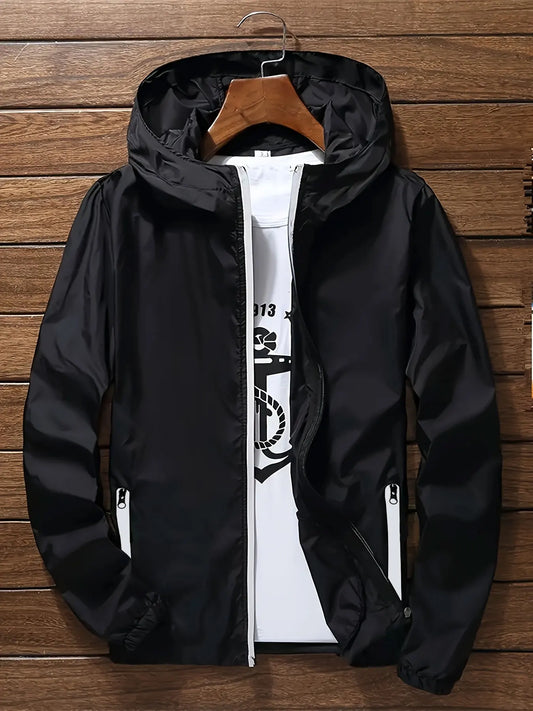 Men's Premium Lightweight Hooded Windbreaker, Quick-Dry Full-Zip Casual Jacket with Zipper Pockets for Street & Outdoor Wear LadyShow.Store