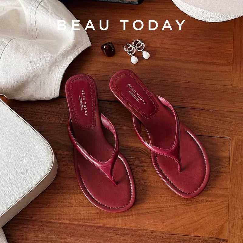 BEAUTODAY Casual Flip Flops Women Sheepskin Leather T-Strap Open Toe Solid Slippers Outdoors Ladies Elavated Retro Shoes 35139 LadyShow.Store