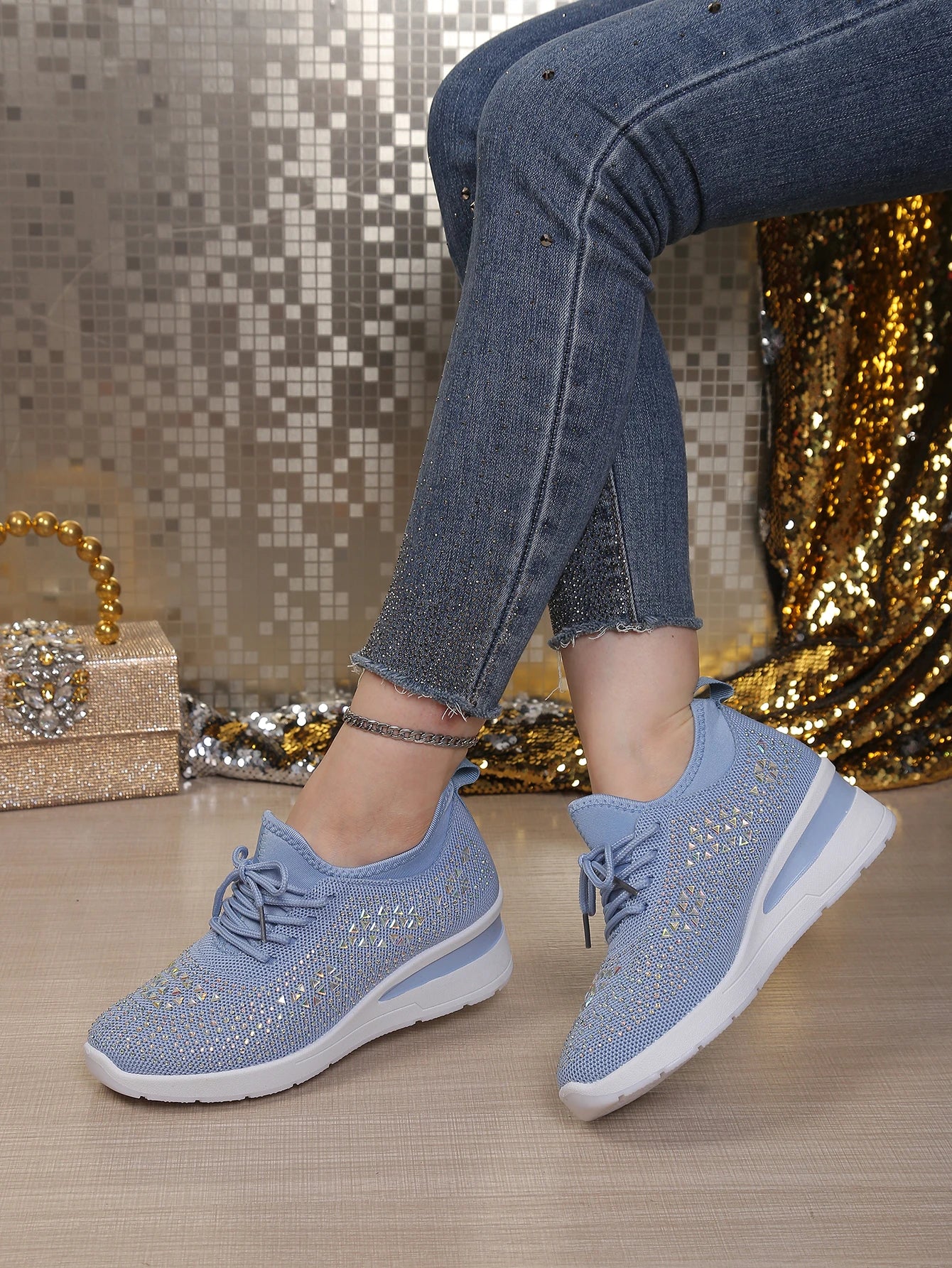 Women's Rhinestone Embellished Knit Mesh Wedge Sneakers, Adjustable Lace-Up Closure, Daily Walking Casual Footwear Pi-Mart