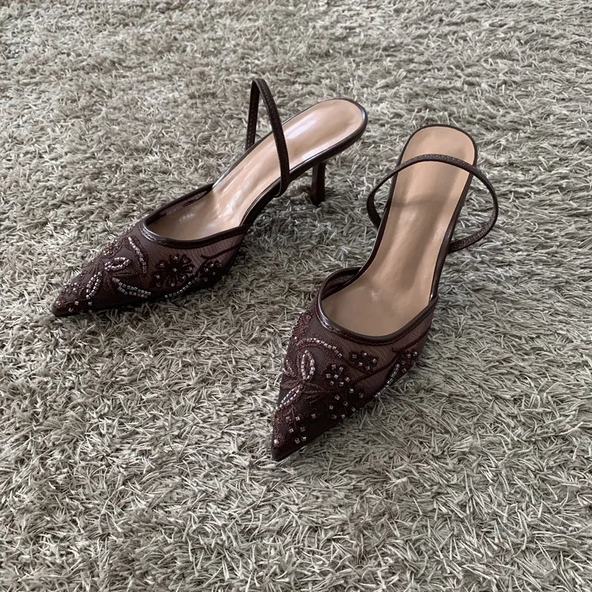 2026 String Bead Mesh Embroider Slingback High Heels Women Sexy Pointed Toe Heeled Sandals Summer Elegant Luxury Designer Shoes LadyShow.Store