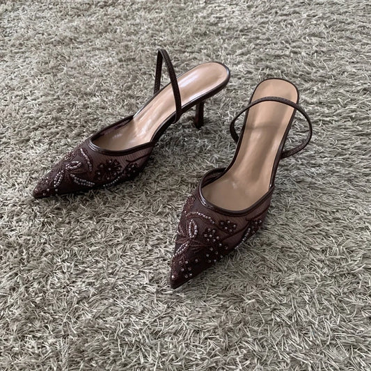 2026 String Bead Mesh Embroider Slingback High Heels Women Sexy Pointed Toe Heeled Sandals Summer Elegant Luxury Designer Shoes LadyShow.Store