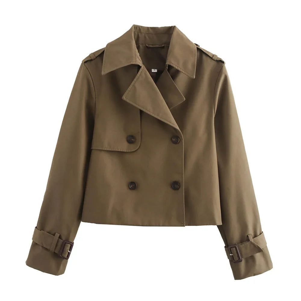 Ladies Vintage Cropped Trench Spring Autumn Jacket Women Streetwear Double Breasted Long Sleeve Top Female Chic Coat Outfits LadyShow.Store
