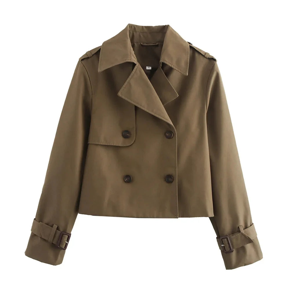 Ladies Vintage Cropped Trench Spring Autumn Jacket Women Streetwear Double Breasted Long Sleeve Top Female Chic Coat Outfits LadyShow.Store