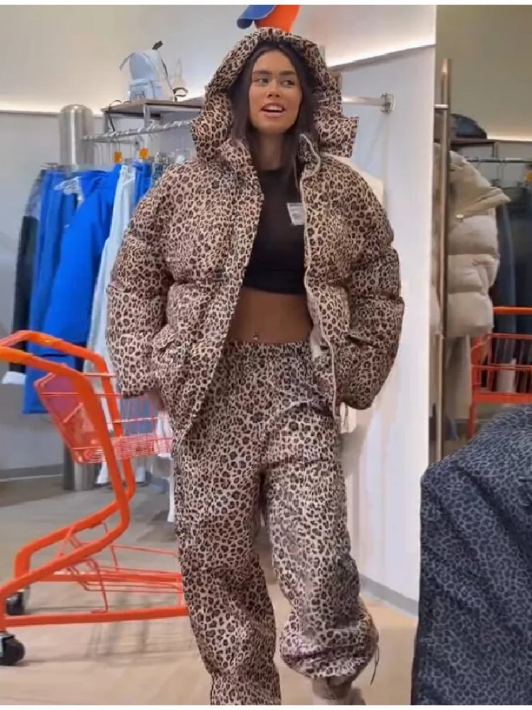 Chic Leopard Hooded Puffer Coat Set Women Quilted Full Sleeve Zip Jacket Wide Leg Pants 2026 New Lady Winter Thicken Warm Outfit Pi-Mart