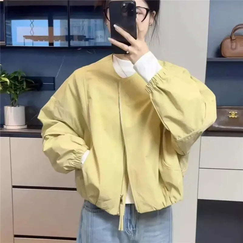 Korean Version Simple Women's Round Neck Solid Color Short Coat 2026 Spring New Female Casual Loose Jacket Joker Little Overwear Pi-Mart