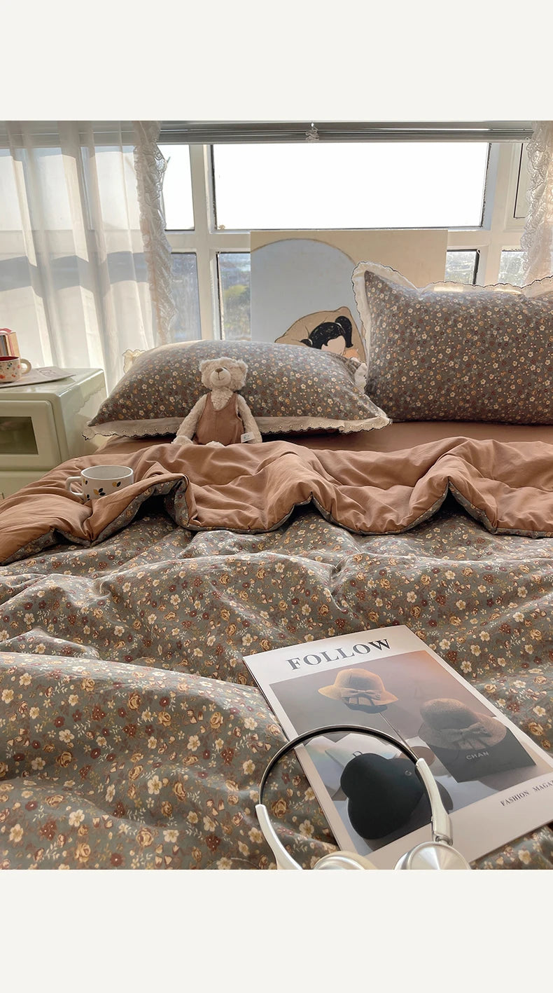 Summer Quilt Korean Style Duvet with Lace Single/Queen Size Comforter Flower Printed Quilted Blanket 여름이불 (No Pillowcase) Pi-Mart