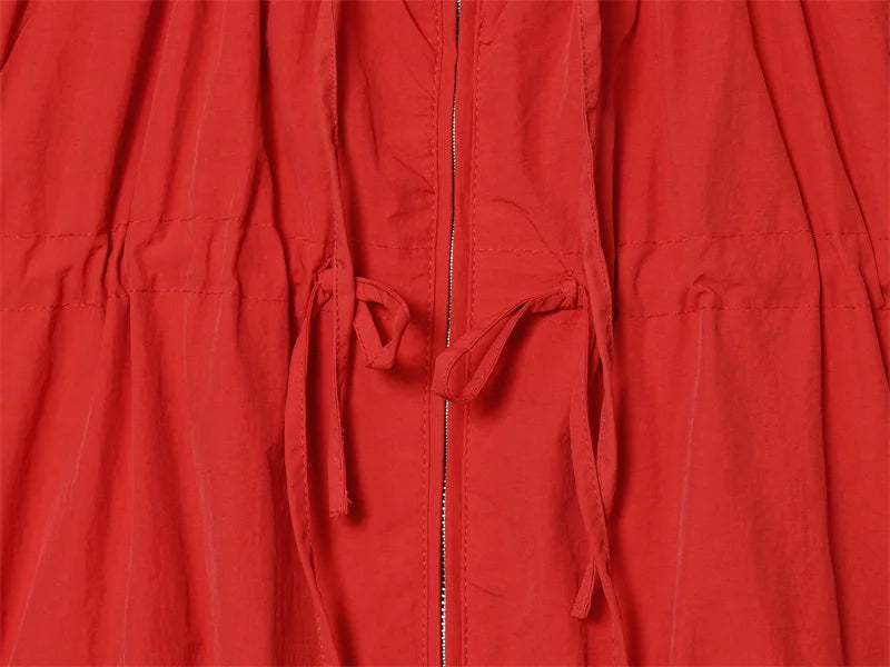 Women's Jacket 2026 Autumn New Red Long-Sleeve Drawstring Decorative Festive Hoodie Zipper Cardigan Casual Fashion Versatile Pi-Mart