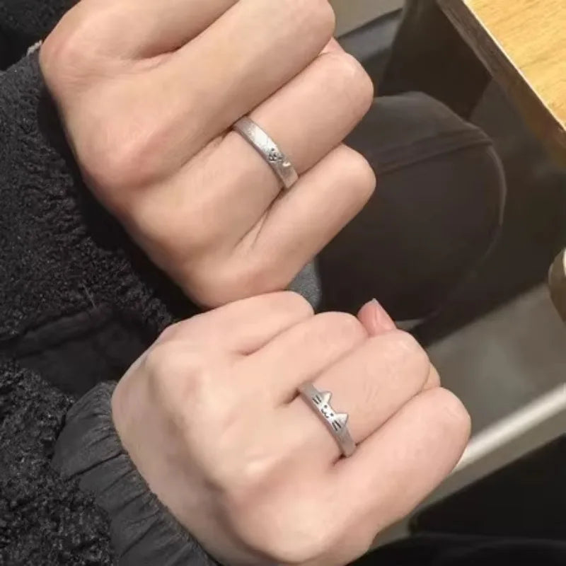 2pcs Simple Design Cute Cat Dog Animal Adjustable Couple Ring for Women Men Cartoon Fashion Couple  Friends Rings Jewelry Gifts Pi-Mart