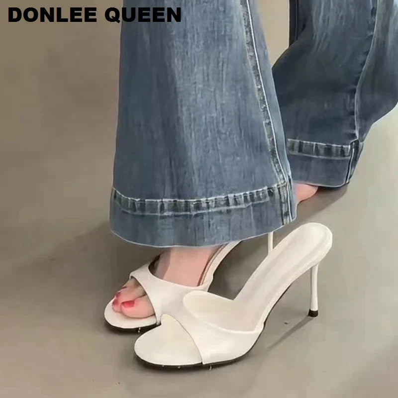 2026 Fashion Sexy Thin High Heels Slides Women Open Toe Pumps Slip Sandal Female Slippers Mule Patent Leather Outdoor Flip Flops LadyShow.Store