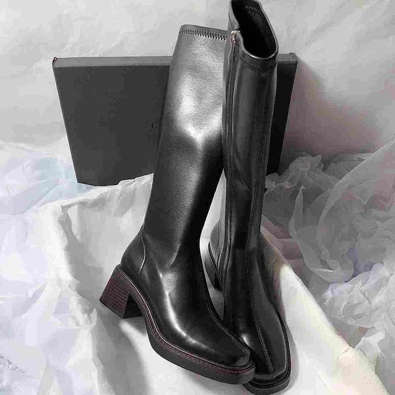 Vintage Thick Heel Women Knee High Boots Fashion Side Zippers Shoes Autumn Winter Ladies Concise Long Botas De Mujer Pi-Mart