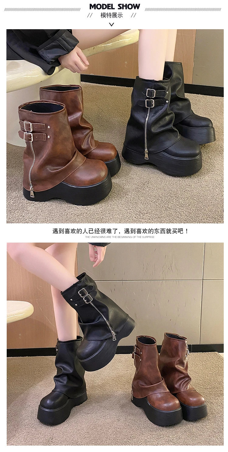Soft Leather Ankle Mid Calf Boots Winter Autumn High Platform Wedge British Booties Woman New Ladies Chunky Motorcycle Boots 9CM Pi-Mart