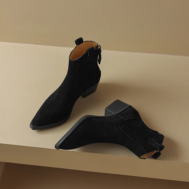 New 2025 Trend Autumn Winter Cow Suede Women Western Boots Black Brown Khaki Purple Green Burgundy Pointed Toe Lady Ankle Boots Pi-Mart