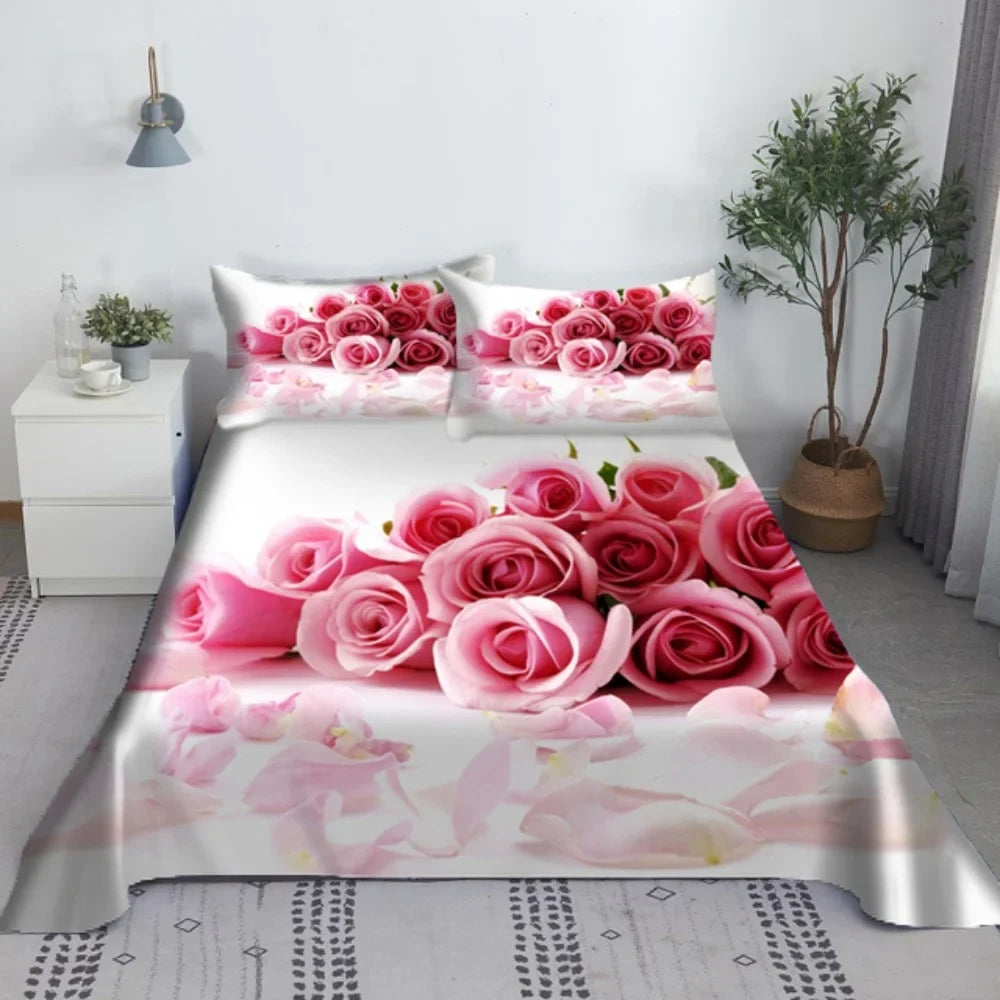 Pink Rose Bed Sheet Sets 3D Print Flowers Bed Flat Sheet for Women Girls King Queen Full Twin Size 2/3pcs Bed Linen Room Decor LadyShow.Store