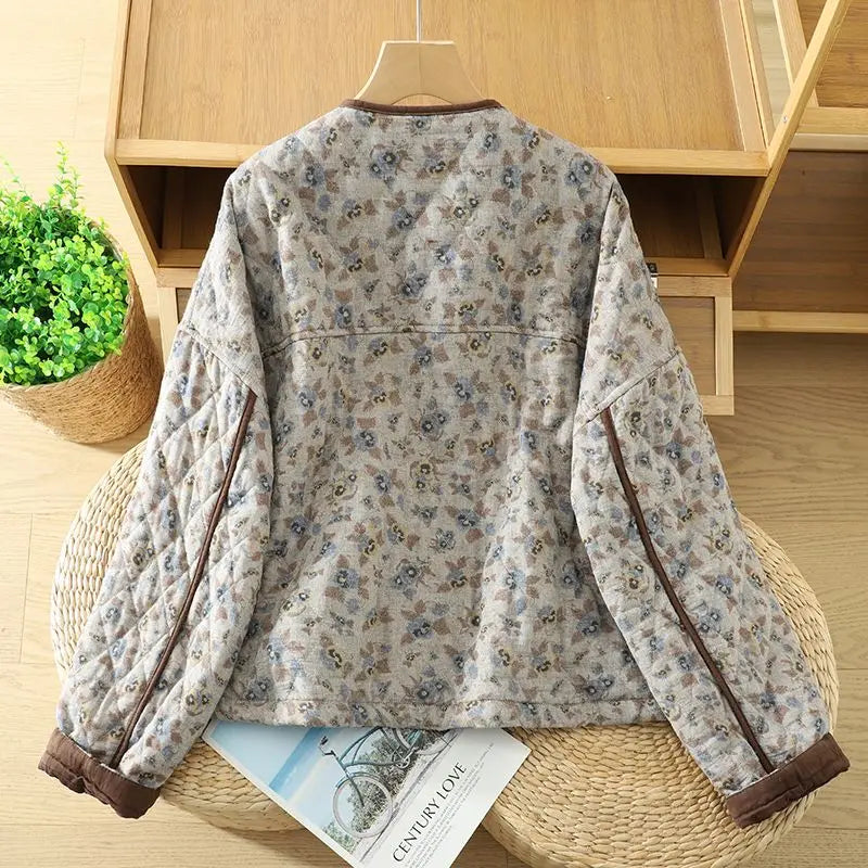 Korean Style Retro Floral Cotton Jacket For Women's Autumn Spring 2026 Fashion,Warm Round Neck Short Quilted Top w1519 Pi-Mart