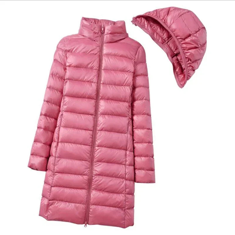 Plus Size Winter Womens Fashionable Outerwear Down Jackets Long Light Thin Coat Puffer Jacket Korean Slim Remove Hooded Parka LadyShow.Store