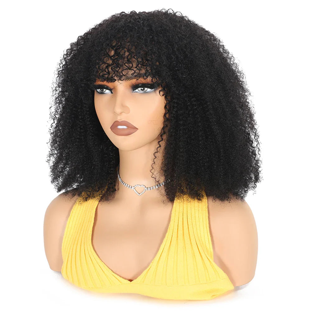 Afro Kinky Curly Human Hair Wig With Bangs For Black Women 180% Density Glueless Brazilian Remy Full Machine Made Hair Yarra LadyShow.Store