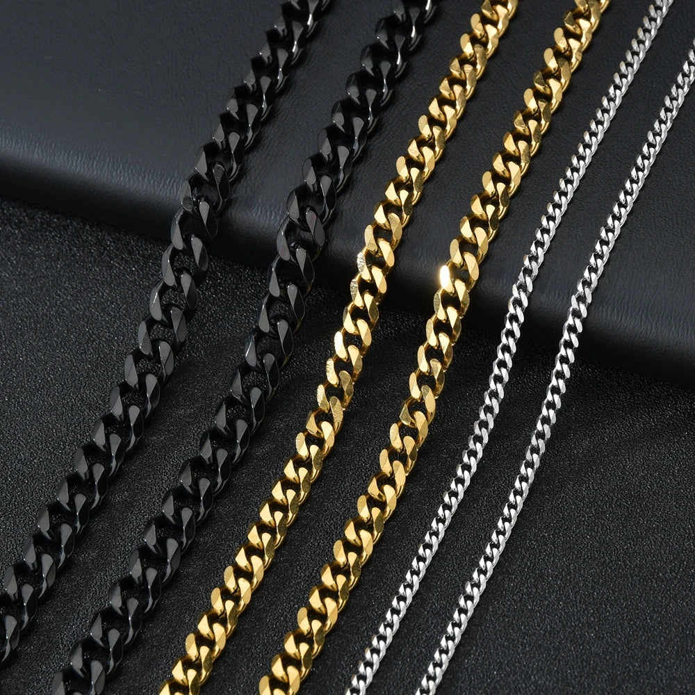 3/5/7mm Stainless Steel Cuban Link Chain Classic Punk Personality Jewelry Simple Fashion Hip-hop Couple Necklace for Men Women Pi-Mart