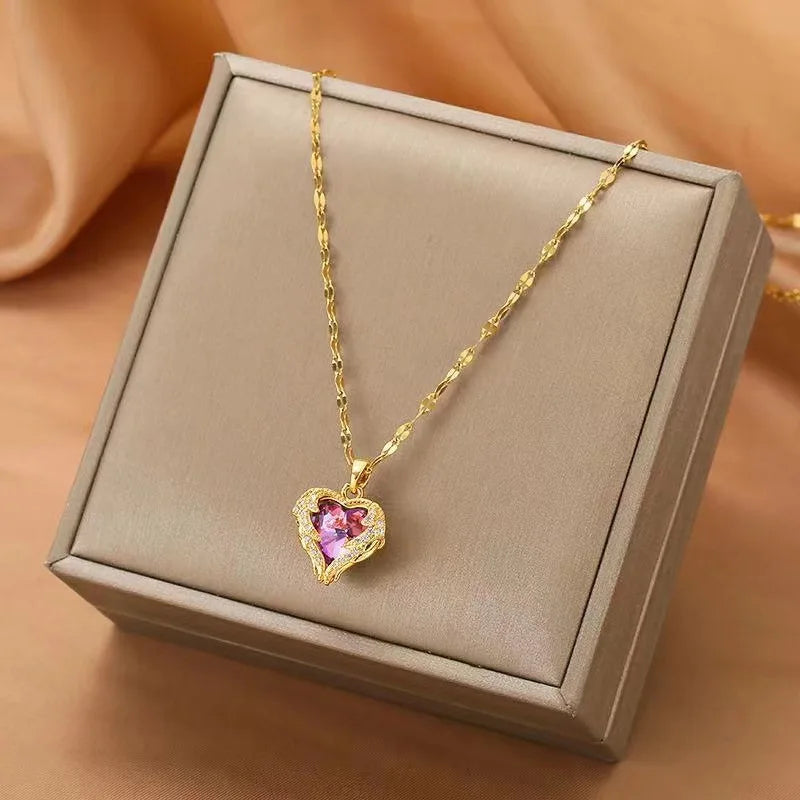 Top Luxury Colorful Crystal Ocean Heart Pendant Necklace For Women Trendy 316L Stainless Steel Jewelry Female Wedding Neck Chain Pi-Mart