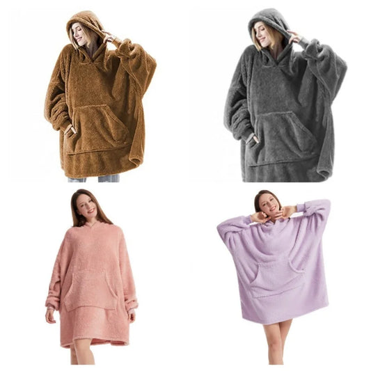 Winter Warm Unisex Double-faced Fleece Hooded Sweatshirts Casual Loose Long Thicken Pocket Pullover Batwing-sleeved Home Clothes LadyShow.Store