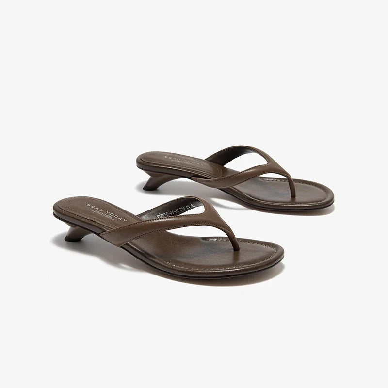 BEAUTODAY Casual Flip Flops Women Sheepskin Leather T-Strap Open Toe Solid Slippers Outdoors Ladies Elavated Retro Shoes 35139 LadyShow.Store