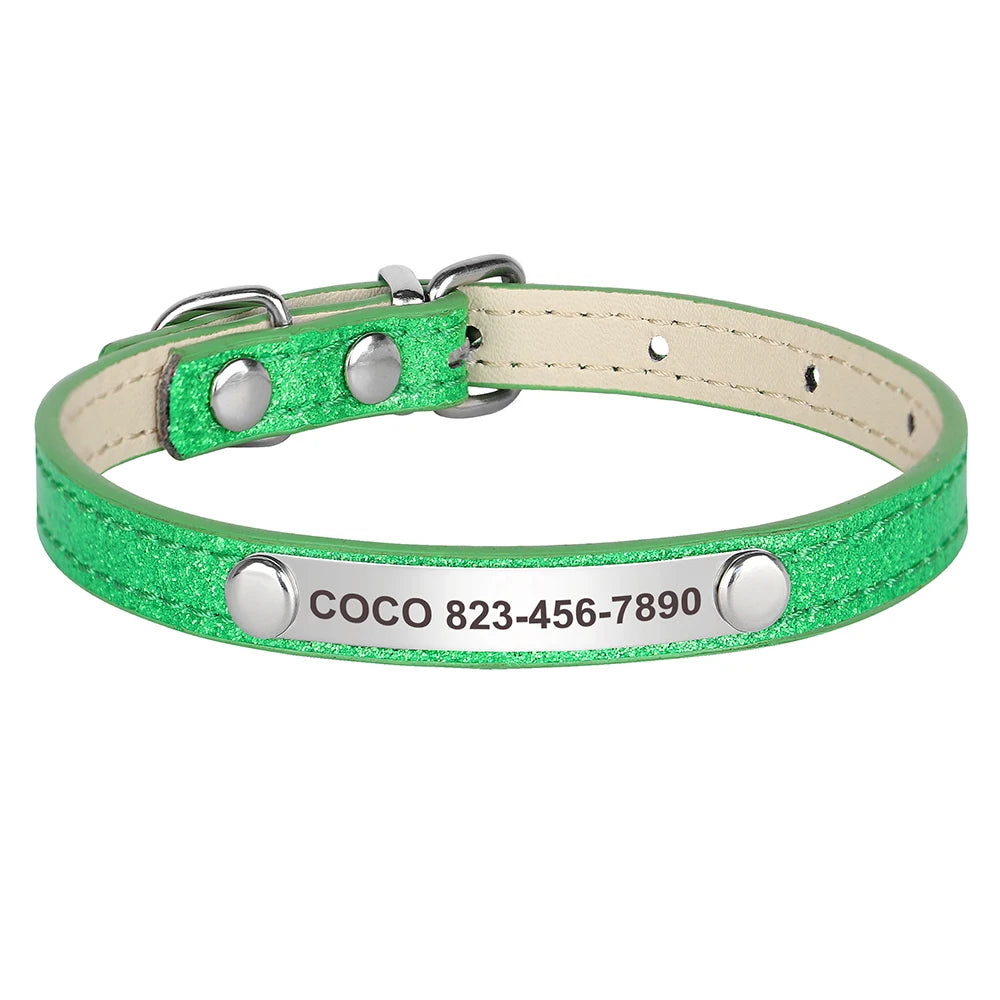 Personalized Cat Collar Custom Leather Cat Collars Free Engraved Puppy Kitten ID Necklace Bling Pet Collars for Small Dogs Cats Pi-Mart