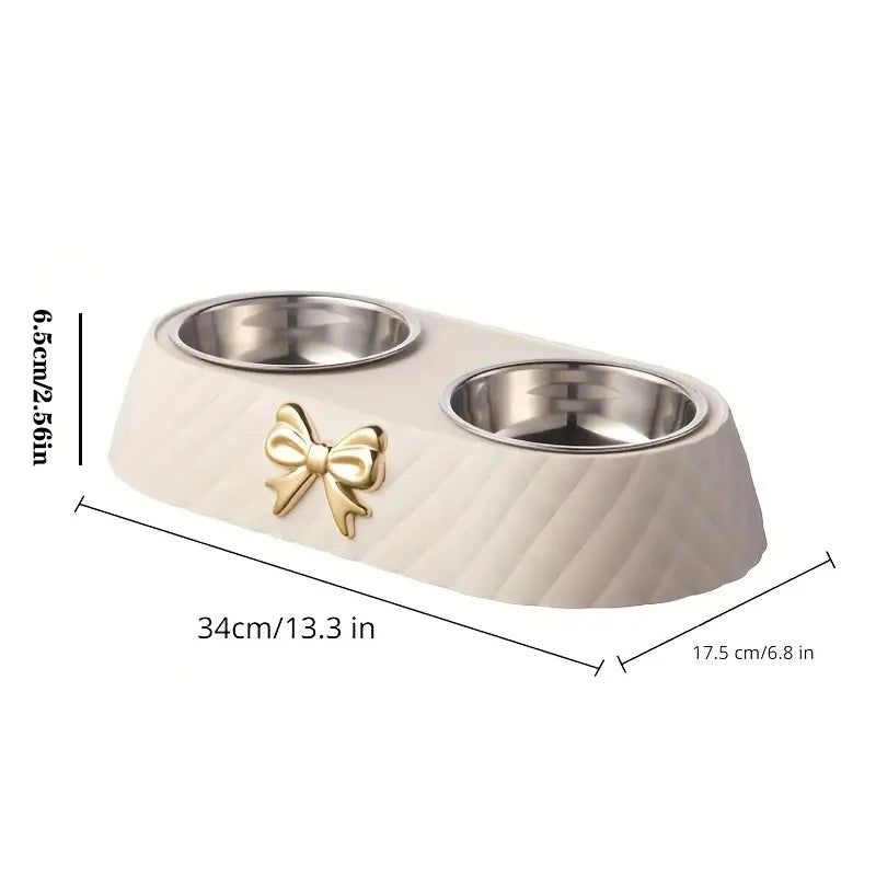 Pet Supplies Bow-tie Bowknot Cats Food Bowl PP Base Dog Bowl Stainless Steel Double Pet Accessories Feeding Drinking Double Bowl Pi-Mart