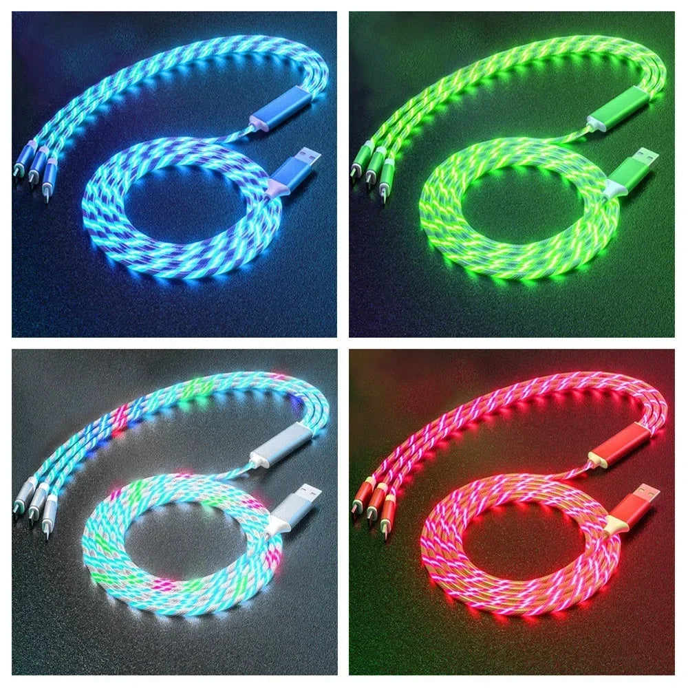 Glowing LED Light USB 3 IN 1 cable Phone Fast Charging Charger Luminous Type C Cable For Xiaomi iPhone Phone Accessories Pi-Mart
